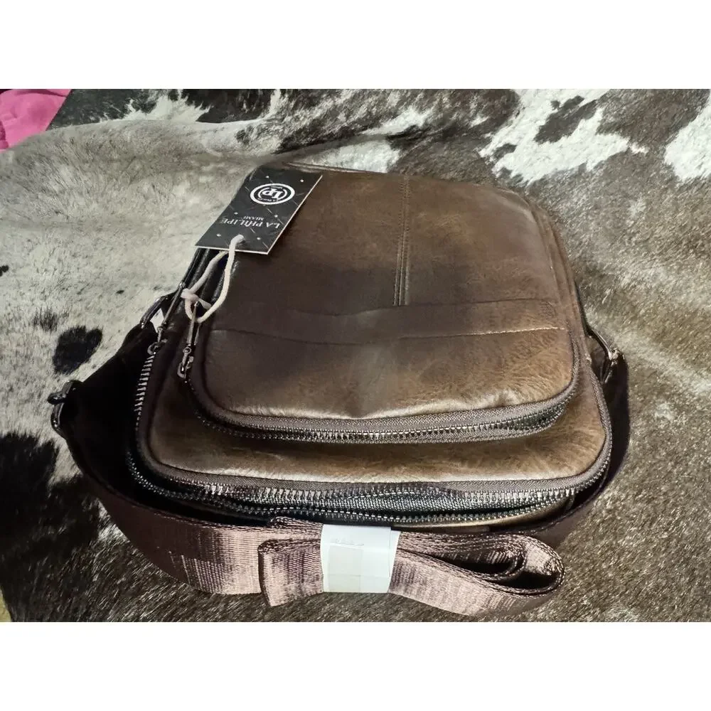 La Philipe Miami Men’s Cross Body Leather Messenger Bag Dark Brown NWT